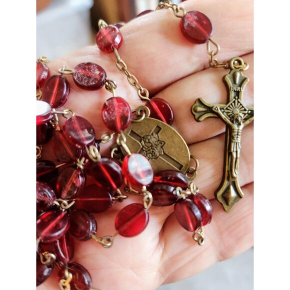 Vintage Red Glass Rosary Necklace – Bronze Cross & Medal - Picture 3 of 10